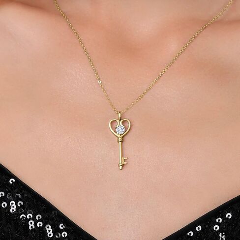 Gem Stone King 0.50 Ct Round Lab Grown Diamond 18K Yellow Gold Plated Silver Key Pendant Necklace for Women | DEF Color | VVS-VS Clarity | With 18 Inch Chain in Saudi Arabia