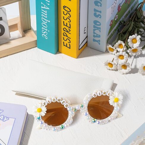 PANTIDE Flower Girl Sunglasses - Daisy Floral Pearls Round Shaped Sunglasses, Wedding Engagement Party Favors Outdoor Beach Glasses Accessories, Jewelry Gift for Girls Little Bridesmaid (White) in Kuwait