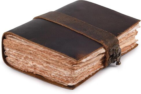 Rasavi Leather Bound Vintage Journal for Women & Men - Book of Shadows - Lock Closure - 200 Pages of Antique Deckle Edges Handmade Watercolor Paper - Rustic Brown - 7 x 5 inches in Kuwait