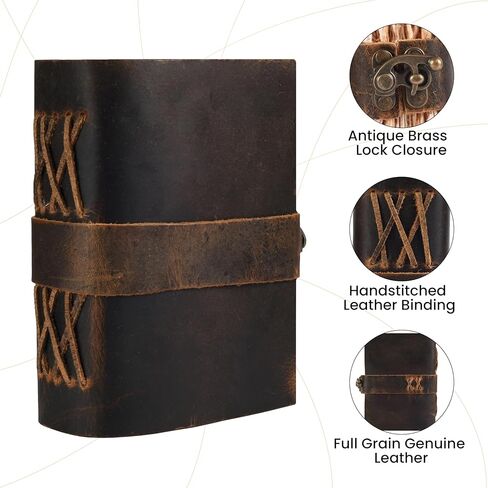 Rasavi Leather Bound Vintage Journal for Women & Men - Book of Shadows - Lock Closure - 200 Pages of Antique Deckle Edges Handmade Watercolor Paper - Rustic Brown - 7 x 5 inches in Kuwait