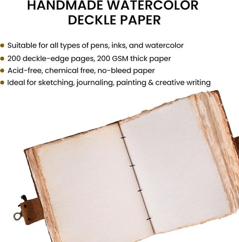 Rasavi Leather Bound Vintage Journal for Women & Men - Book of Shadows - Lock Closure - 200 Pages of Antique Deckle Edges Handmade Watercolor Paper - Rustic Brown - 7 x 5 inches in Kuwait