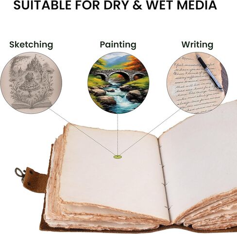 Rasavi Leather Bound Vintage Journal for Women & Men - Book of Shadows - Lock Closure - 200 Pages of Antique Deckle Edges Handmade Watercolor Paper - Rustic Brown - 7 x 5 inches in Kuwait
