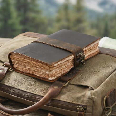 Rasavi Leather Bound Vintage Journal for Women & Men - Book of Shadows - Lock Closure - 200 Pages of Antique Deckle Edges Handmade Watercolor Paper - Rustic Brown - 7 x 5 inches in Kuwait