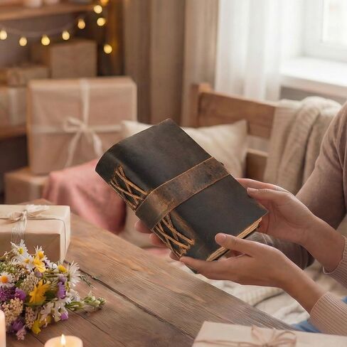 Rasavi Leather Bound Vintage Journal for Women & Men - Book of Shadows - Lock Closure - 200 Pages of Antique Deckle Edges Handmade Watercolor Paper - Rustic Brown - 7 x 5 inches in Kuwait