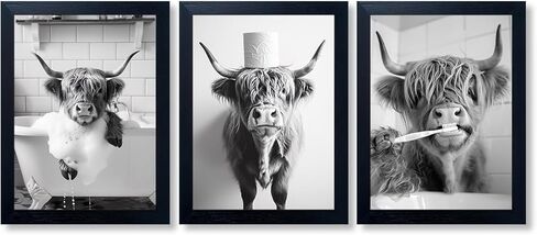 Highland Cow Bathroom Decor Framed Wall Art Farmhouse Black and White 3pcs Funny Animal In Toilet Picture Prints Cute Cow Bathroom Canvas Art in Kuwait