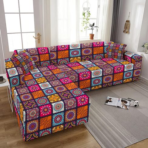 Bohemia Mandala Sofa Cover for Living Room Stretch Corner Sofa Cover L Shape Couch Cover Elastic Sofa Cover Chaise Longue1-4 Seat (3, 4-Seater 235-300cm) in Saudi Arabia