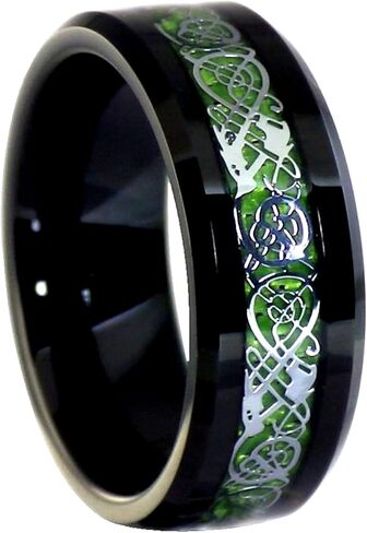 Fantasy Forge Jewelry Black Tungsten Green Celtic Dragon Ring Mens Womens 8mm Viking Wedding Band Sizes 6-17 in Kuwait