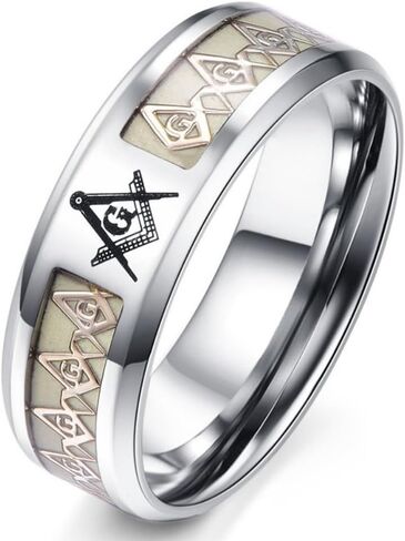 Men's Stainless Steel Luminous Freemason Masonic Ring Glow in The Dark Anniversary Engagement Wedding Band 8mm, Silver in Saudi Arabia