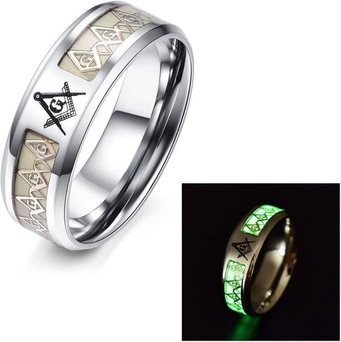 Men's Stainless Steel Luminous Freemason Masonic Ring Glow in The Dark Anniversary Engagement Wedding Band 8mm, Silver in Saudi Arabia