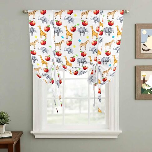 Cute Giraffe Elephant Tie Up Curtains for Window, Blue Green Star Fruits Thermal Insulated Balloon Shade Adjustable Rod Pocket Curtains Valance Panels for Kitchen Bathroom Café 42'' x 54'' in Saudi Arabia