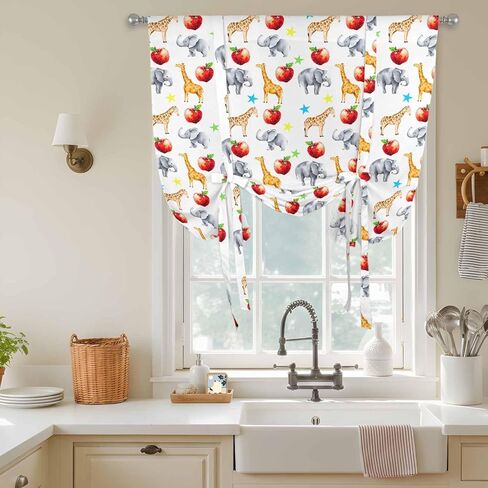 Cute Giraffe Elephant Tie Up Curtains for Window, Blue Green Star Fruits Thermal Insulated Balloon Shade Adjustable Rod Pocket Curtains Valance Panels for Kitchen Bathroom Café 42'' x 54'' in Saudi Arabia