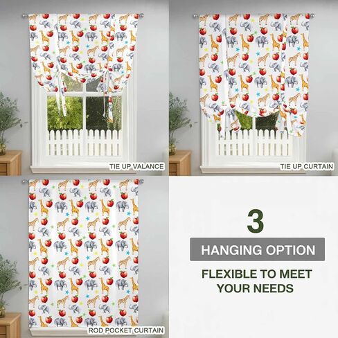Cute Giraffe Elephant Tie Up Curtains for Window, Blue Green Star Fruits Thermal Insulated Balloon Shade Adjustable Rod Pocket Curtains Valance Panels for Kitchen Bathroom Café 42'' x 54'' in Saudi Arabia