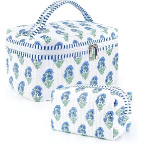 مجموعة حقائب مكياج مبطنة مكونة من قطعتين، حقيبة أدوات الزينة بوهو زهرية وهدايا أساسيات السفر للنساء والفتيات، حقيبة تنظيم مستحضرات التجميل على شكل زهرة لطيفة لحفلات توديع العزوبية للسفر (أزرق - أبيض) in Kuwait