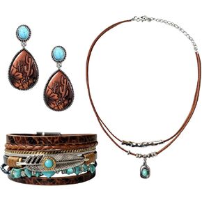 مجوهرات غربية للنساء، مجموعة مجوهرات غربية لراعية البقر النسائية، تتضمن قلادة، زوج من الأقراط وسوار بوهيمي، سوار معصم من الجلد الصناعي، إكسسوارات أنيقة لمعظم الأشخاص in Kuwait