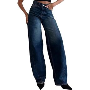 MsavigVice Women Baggy Wide Leg Jeans Mid Waist Strechy Frayed Denim Pants Casual Loose Straight Trousers Streetwear in Kuwait