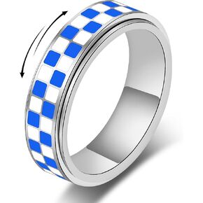 Checkered Fidget Ring For Women - Blue Chessboard Design Band Rings Anxiety & Stress Relief Stacking Spinner Rings, Stainless Steel Spinning Ring Anti-Anxiety Jewelry Gift for Adults in Saudi Arabia