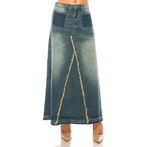 Distressed Denim Maxi Skirt, Vintage Wash, Triangle Cut Design, Ankle Length in Saudi Arabia