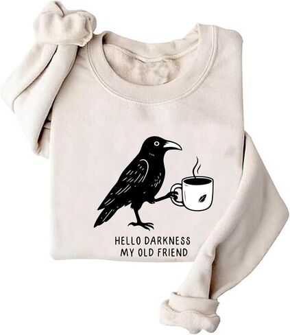 Crow and Coffee Halloween Sweatshirt Raven and Coffee Cup Hello Darkness My Old Friend Shirt in Saudi Arabia