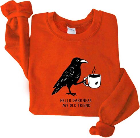 Crow and Coffee Halloween Sweatshirt Raven and Coffee Cup Hello Darkness My Old Friend Shirt in Saudi Arabia