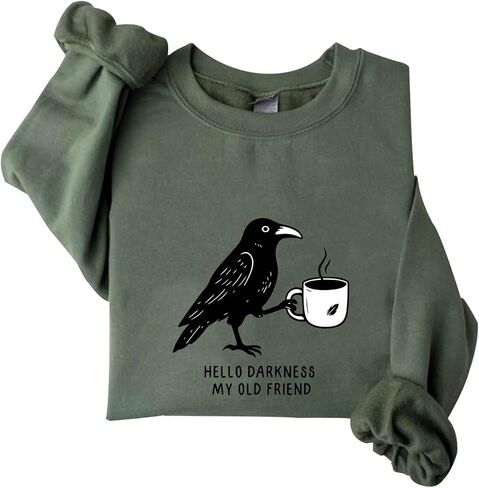 Crow and Coffee Halloween Sweatshirt Raven and Coffee Cup Hello Darkness My Old Friend Shirt in Saudi Arabia