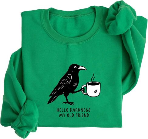 Crow and Coffee Halloween Sweatshirt Raven and Coffee Cup Hello Darkness My Old Friend Shirt in Saudi Arabia