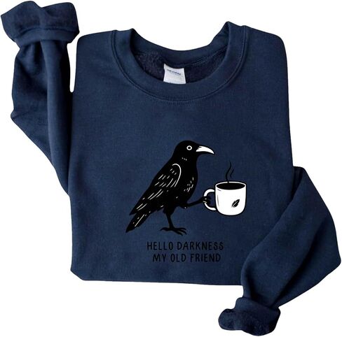 Crow and Coffee Halloween Sweatshirt Raven and Coffee Cup Hello Darkness My Old Friend Shirt in Saudi Arabia