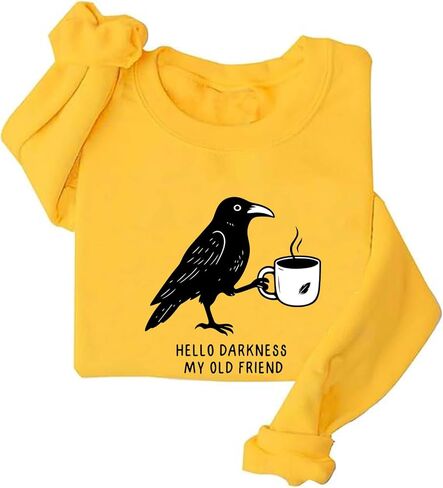 Crow and Coffee Halloween Sweatshirt Raven and Coffee Cup Hello Darkness My Old Friend Shirt in Saudi Arabia