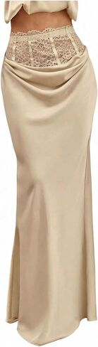 تنورة SHENHE النسائية الطويلة من الساتان، تنورة دانتيل مرقع عالية الخصر أنيقة لحفلات الكوكتيل in Kuwait