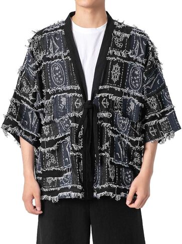 Seidarise Men's Kimono Traditional Japanese Clothing Male Cardigan Noragi Jacket Yukata Coat Haori in Kuwait