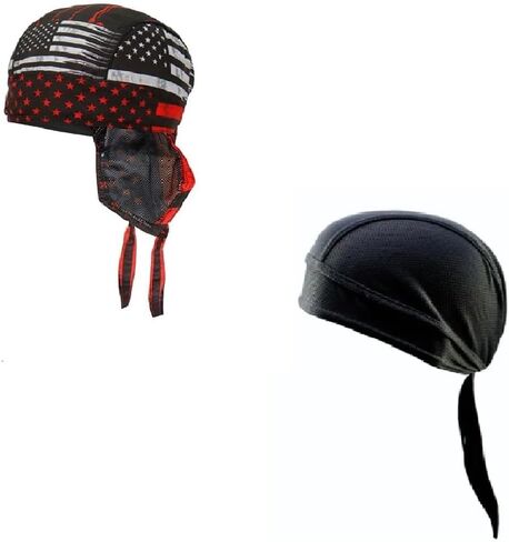 Generic Lot or Set of 2 Red White Patrotic American Bullets Flag and Solid Black Moisture Wicking Headwrap Durag Skull Cap Biker Doo Rag Headwear in Saudi Arabia