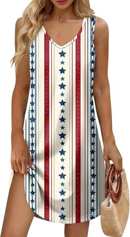 Women's Casual USA Anniversary 250Th Sundresses Patriotic V-Neck Tank Dress American Flag Dresses Summer 2026,S-3XL in Saudi Arabia