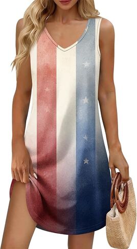 Women's Casual USA Anniversary 250Th Sundresses Patriotic V-Neck Tank Dress American Flag Dresses Summer 2026,S-3XL in Saudi Arabia