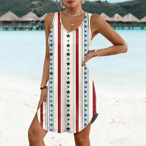 Women's Casual USA Anniversary 250Th Sundresses Patriotic V-Neck Tank Dress American Flag Dresses Summer 2026,S-3XL in Saudi Arabia