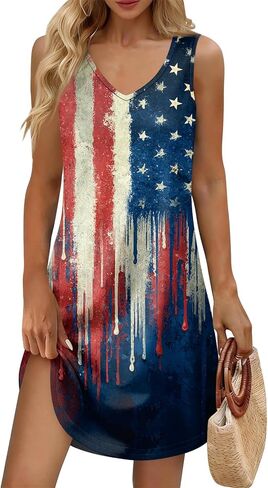 Women's Casual USA Anniversary 250Th Sundresses Patriotic V-Neck Tank Dress American Flag Dresses Summer 2026,S-3XL in Saudi Arabia