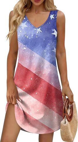 Women's Casual USA Anniversary 250Th Sundresses Patriotic V-Neck Tank Dress American Flag Dresses Summer 2026,S-3XL in Saudi Arabia