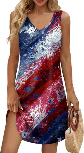 Women's Casual USA Anniversary 250Th Sundresses Patriotic V-Neck Tank Dress American Flag Dresses Summer 2026,S-3XL in Saudi Arabia