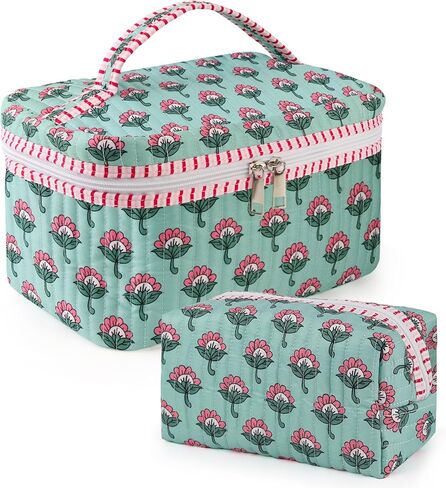 مجموعة حقائب مكياج مبطنة مكونة من قطعتين، حقيبة أدوات الزينة بوهو زهرية وهدايا أساسيات السفر للنساء والفتيات، حقيبة تنظيم مستحضرات التجميل على شكل زهرة لطيفة لحفلات توديع العزوبية للسفر (أزرق - أبيض) in Kuwait