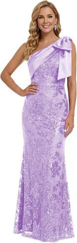 فساتين أم العروس بالترتر من SNOWROSE للنساء بكتف واحد طويل لحفلات الزفاف الرسمية مع فيونكة in Kuwait