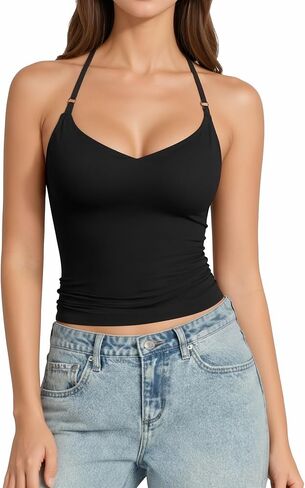 MANGOPOP Women Sexy Adjustable Halter V Neck Tank Top Backless Double Lined Cami Slim Basic Going Out 2026 Summer Trendy in Saudi Arabia