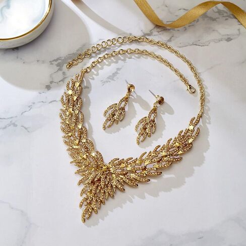 BriLove Wedding Bridal Jewelry Set for Women Crystal Rhinestone Leaf Cluster Statement Necklace Dangle Earrings in Saudi Arabia