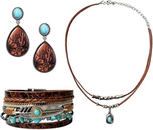 مجوهرات غربية للنساء، مجموعة مجوهرات غربية لراعية البقر النسائية، تتضمن قلادة، زوج من الأقراط وسوار بوهيمي، سوار معصم من الجلد الصناعي، إكسسوارات أنيقة لمعظم الأشخاص in Kuwait