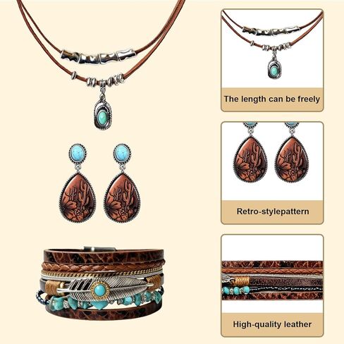 مجوهرات غربية للنساء، مجموعة مجوهرات غربية لراعية البقر النسائية، تتضمن قلادة، زوج من الأقراط وسوار بوهيمي، سوار معصم من الجلد الصناعي، إكسسوارات أنيقة لمعظم الأشخاص in Kuwait