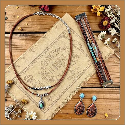 مجوهرات غربية للنساء، مجموعة مجوهرات غربية لراعية البقر النسائية، تتضمن قلادة، زوج من الأقراط وسوار بوهيمي، سوار معصم من الجلد الصناعي، إكسسوارات أنيقة لمعظم الأشخاص in Kuwait