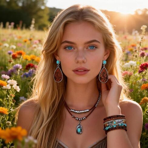 مجوهرات غربية للنساء، مجموعة مجوهرات غربية لراعية البقر النسائية، تتضمن قلادة، زوج من الأقراط وسوار بوهيمي، سوار معصم من الجلد الصناعي، إكسسوارات أنيقة لمعظم الأشخاص in Kuwait