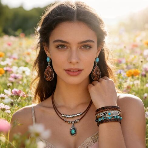 مجوهرات غربية للنساء، مجموعة مجوهرات غربية لراعية البقر النسائية، تتضمن قلادة، زوج من الأقراط وسوار بوهيمي، سوار معصم من الجلد الصناعي، إكسسوارات أنيقة لمعظم الأشخاص in Kuwait