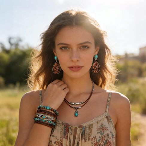 مجوهرات غربية للنساء، مجموعة مجوهرات غربية لراعية البقر النسائية، تتضمن قلادة، زوج من الأقراط وسوار بوهيمي، سوار معصم من الجلد الصناعي، إكسسوارات أنيقة لمعظم الأشخاص in Kuwait
