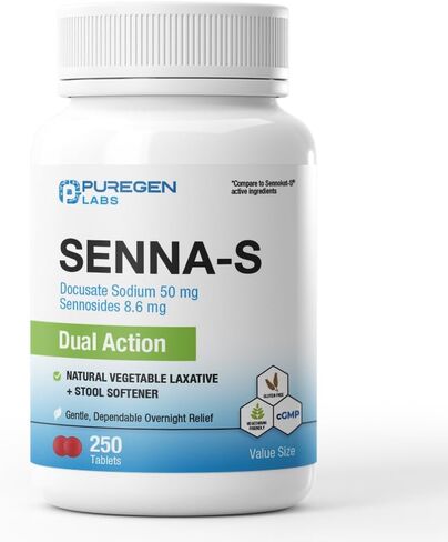 Puregen Labs Senna-S Natural Vegetable Laxative Plus Stool Softener Dual Action - 250 Tablets Senna Plus | Gentle Dependable Overnight Relief of Occasional Constipation in Kuwait