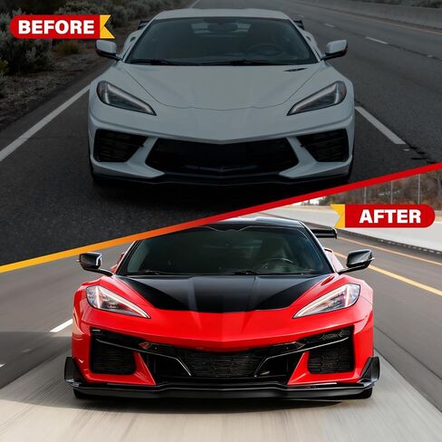 مجموعة الشفاه الفاصل الأمامي من الكربون فلاش ABS مع أجنحة جانبية متوافقة مع تشيفي 2020-2025 كورفيت C8 ستينغراي-4 قطع من طائرات الغطس الممتصة للصدمات طراز كاناردز (باستثناء Z06/E-Ray/ZR1) in Kuwait