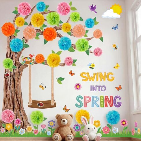 Pajean Classroom Tree Bulletin Board Set Spring Bulletin Board Decoration with 3D Cardboard Tree Paper Flower Pom Poms for DIY School Elementary Library Home Wall Chalkboard Party Decor in Saudi Arabia