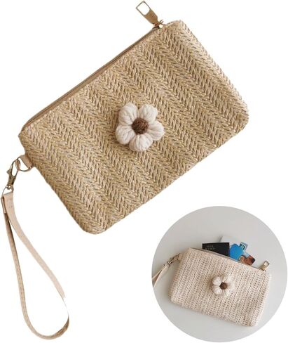 2023 Wristlet Wallet Women Girl Credit Card Card Holder with Wrist Strap Straw Woven Coin Change Purse in Saudi Arabia